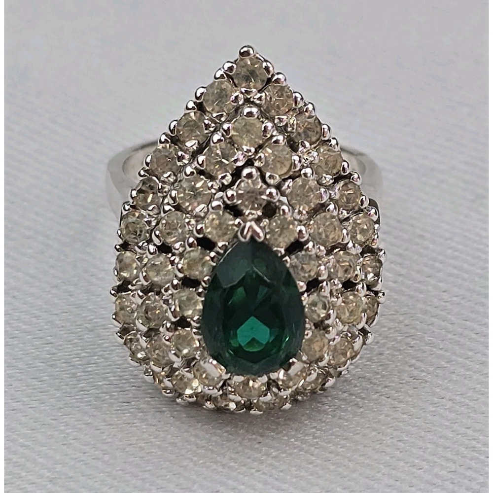 Vintage Panetta Sterling Silver Green Rhinestone Cocktail Ring Size 8 Signed - Picture 3 of 10